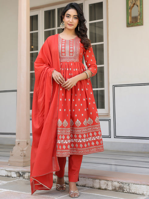 Red Pure Cotton Foil Printed Yoke Design A-line Kurta Pant With Dupatta Set