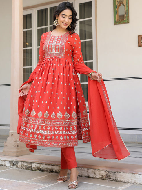 Red Pure Cotton Foil Printed Yoke Design A-line Kurta Pant With Dupatta Set