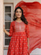 Red Pure Cotton Foil Printed Yoke Design A-line Kurta Pant With Dupatta Set