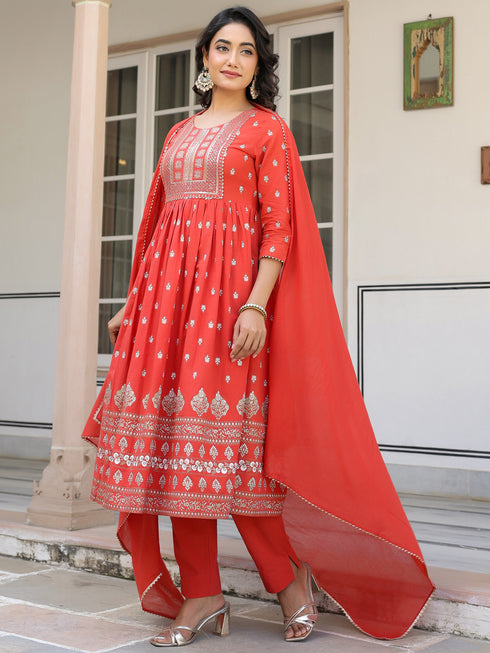 Red Pure Cotton Foil Printed Yoke Design A-line Kurta Pant With Dupatta Set