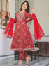 Red Pure Cotton Floral Printed Yoke Embroidered A-line Kurta Set
