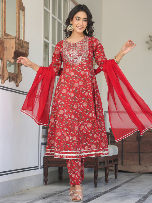 Red Pure Cotton Floral Printed Yoke Embroidered A-line Kurta Set