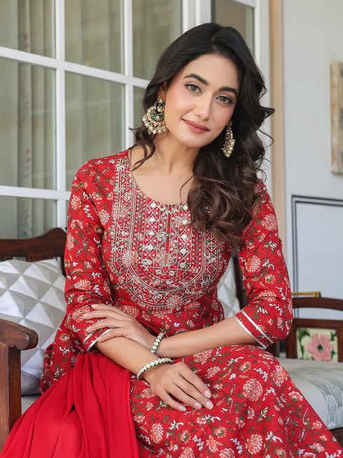 Red Pure Cotton Floral Printed Yoke Embroidered A-line Kurta Set