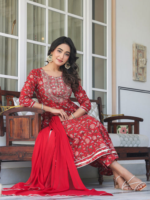Red Pure Cotton Floral Printed Yoke Embroidered A-line Kurta Set
