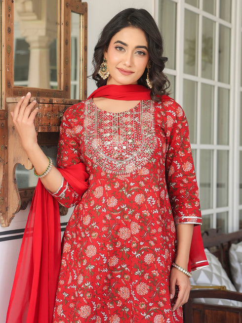 Red Pure Cotton Floral Printed Yoke Embroidered A-line Kurta Set