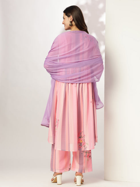 Pink Georgette Floral Embroidered A-line Kurta Set