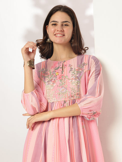 Pink Georgette Floral Embroidered A-line Kurta Set