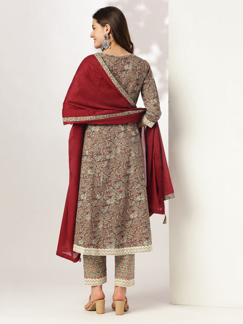 Sage Green Pure Cotton Floral Printed Anarkali Kurta Set