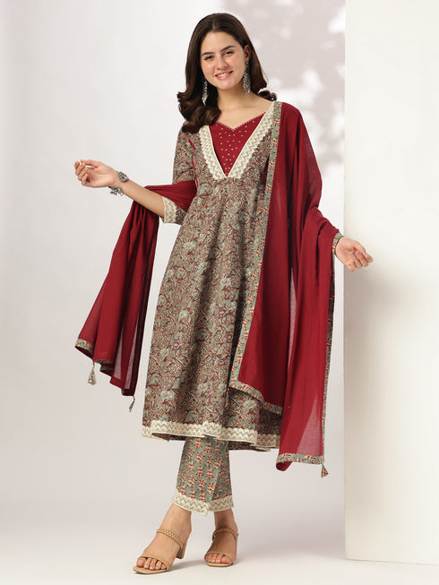 Sage Green Pure Cotton Floral Printed Anarkali Kurta Set