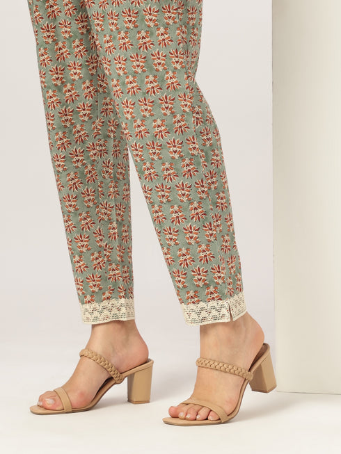 Sage Green Pure Cotton Floral Printed Anarkali Kurta Set