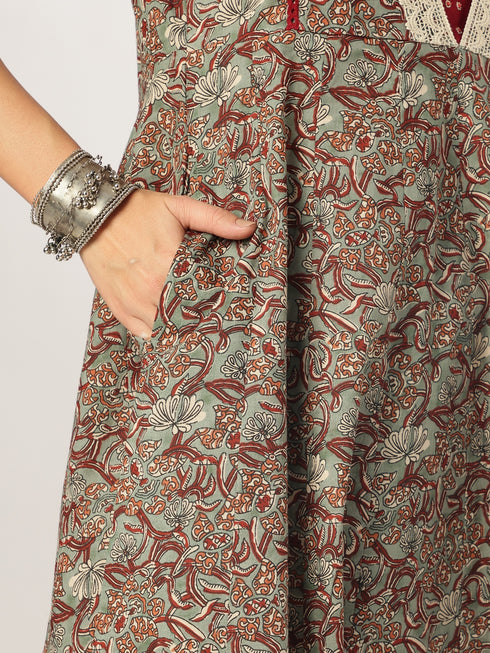 Sage Green Pure Cotton Floral Printed Anarkali Kurta Set