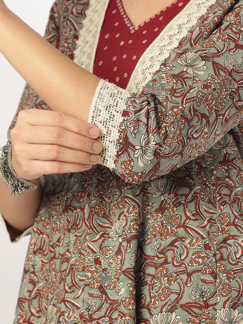 Sage Green Pure Cotton Floral Printed Anarkali Kurta Set