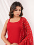 Janasya Women's Red Rayon Embellished Straight Kurti With Sharara & Dupatta Set