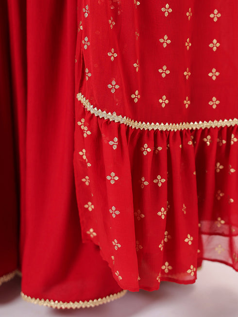 Janasya Women's Red Rayon Embellished Straight Kurti With Sharara & Dupatta Set