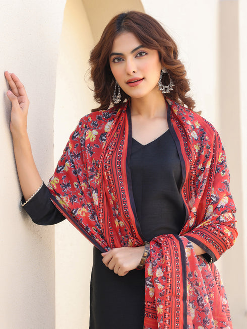 Janasya Women's Black Silk Blend Solid Straight Kurta Pant With Printed Dupatta Set