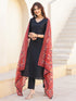 Janasya Women's Black Silk Blend Solid Straight Kurta Pant With Printed Dupatta Set