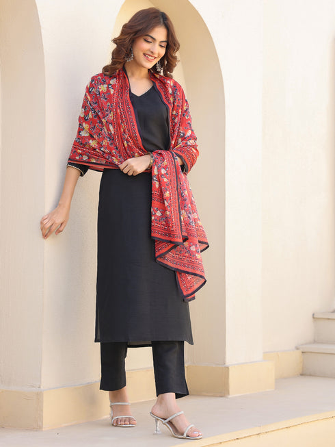 Janasya Women's Black Silk Blend Solid Straight Kurta Pant With Printed Dupatta Set
