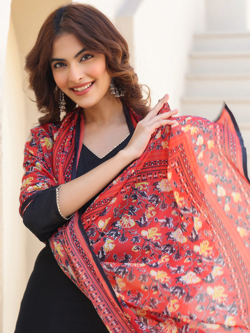 Janasya Women's Black Silk Blend Solid Straight Kurta Pant With Printed Dupatta Set