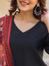Janasya Women's Black Silk Blend Solid Straight Kurta Pant With Printed Dupatta Set