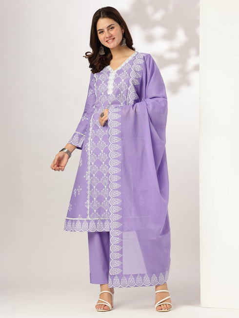 Lavender Pure Cotton Ethnic Motifs Printed A-line Kurta Set
