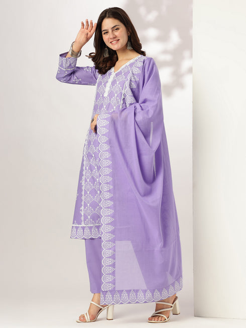 Lavender Pure Cotton Ethnic Motifs Printed A-line Kurta Set