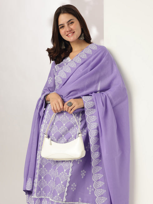 Lavender Pure Cotton Ethnic Motifs Printed A-line Kurta Set