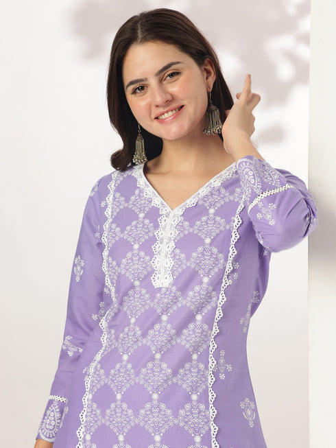 Lavender Pure Cotton Ethnic Motifs Printed A-line Kurta Set