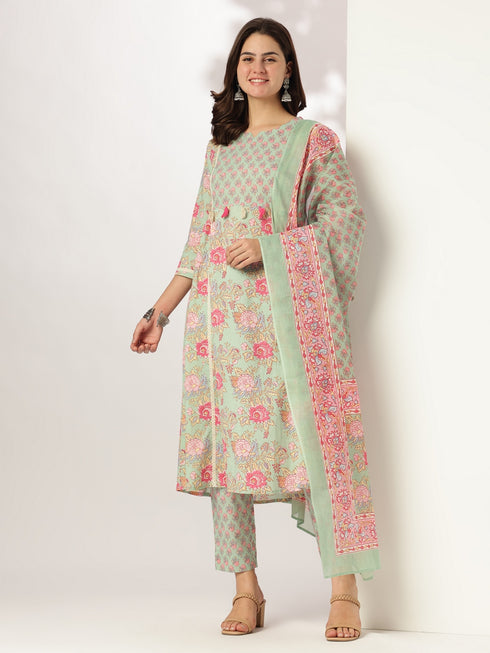 Aqua Pure Cotton Floral Printed A-line Kurta Set