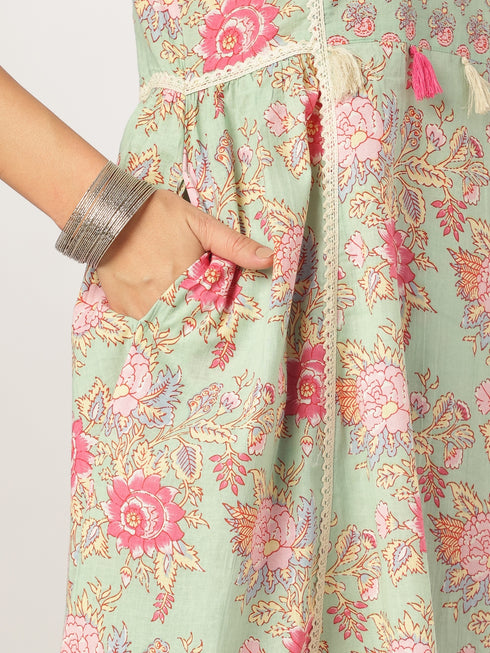 Aqua Pure Cotton Floral Printed A-line Kurta Set