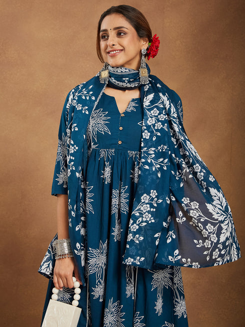 Janasya Women's Teal Blue Pure Cotton Floral Printed A-line Kurta Set
