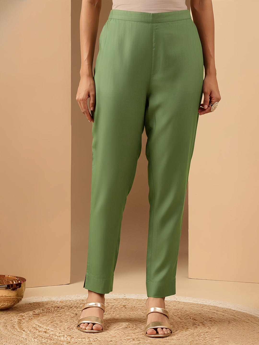 Janasya Women's Mint Green Silk Blend Embellished Gold Printed Straight Kurta Set