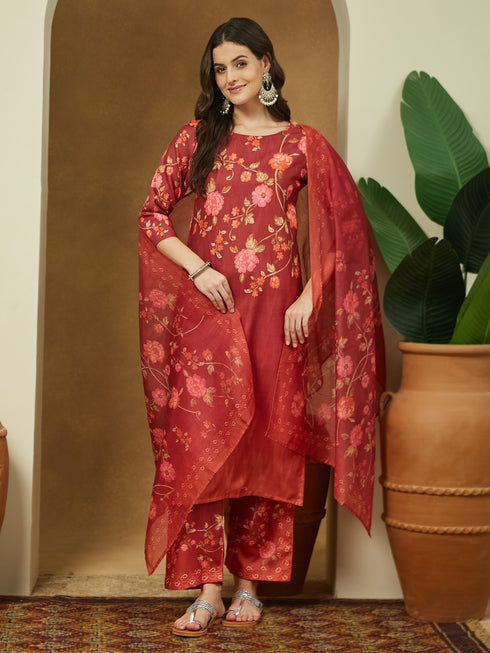 Janasya Women's Rust Cotton Blend Floral Printed Straight Kurta Set