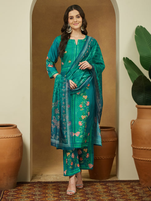 Janasya Women's Teal Blue Cotton Blend Floral Printed Straight Kurta Set