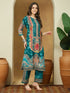 Janasya Women's Teal Blue Cotton Blend Ethnic Motifs Printed Pakistani Style Straight Kurta Set