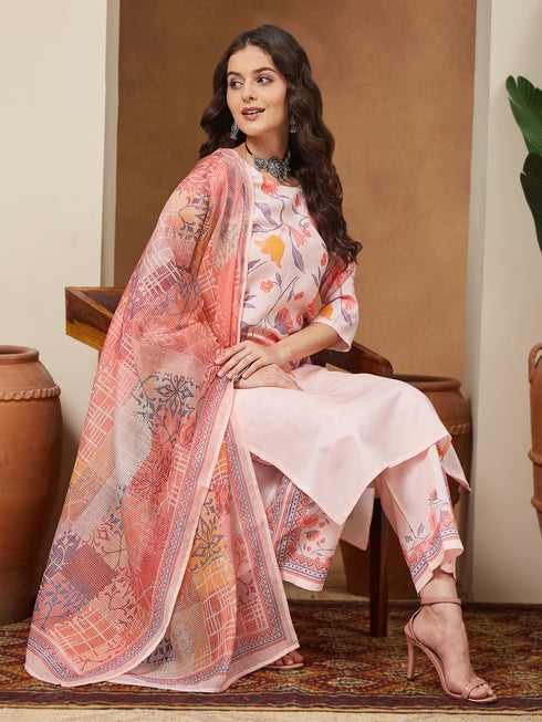 Janasya Women's Peach Cotton Blend Floral Printed Straight Kurta Set