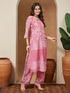 Janasya Women's Pink Cotton Blend Floral Printed Straight Kurta Set
