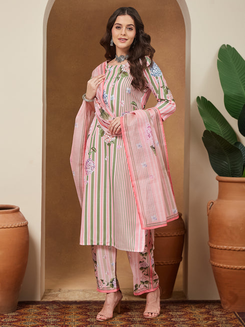 Janasya Women's Light Pink Cotton Blend Floral Printed Straight Kurta Set