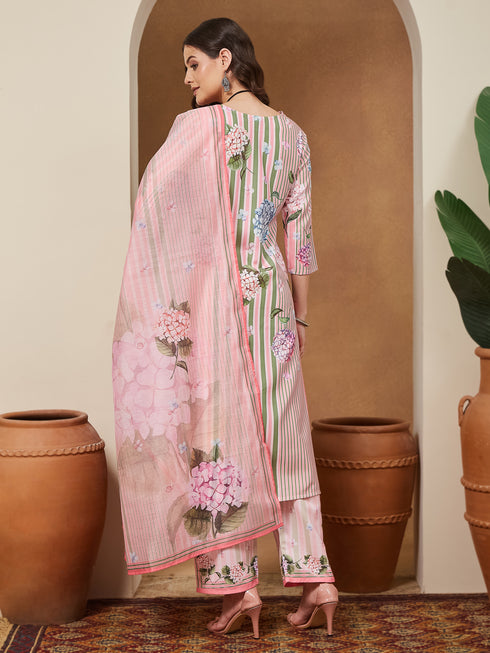 Janasya Women's Light Pink Cotton Blend Floral Printed Straight Kurta Set