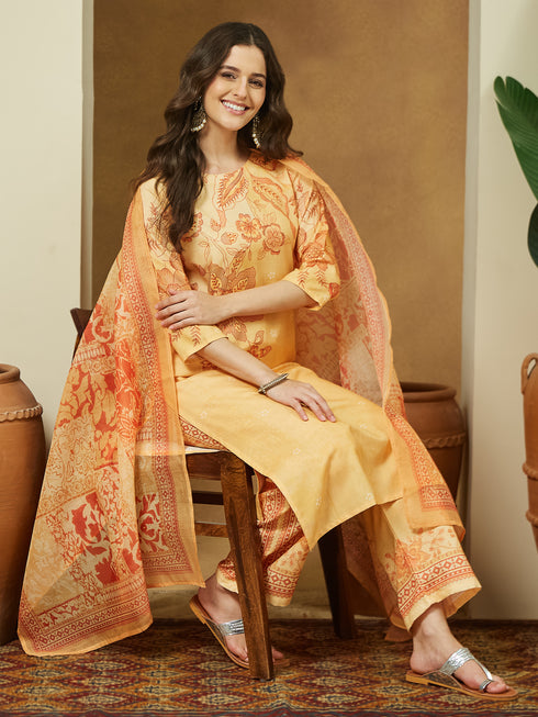 Janasya Women's Yellow Cotton Blend Floral Printed Straight Kurta Set