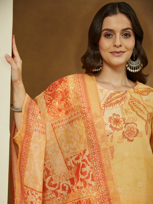 Janasya Women's Yellow Cotton Blend Floral Printed Straight Kurta Set