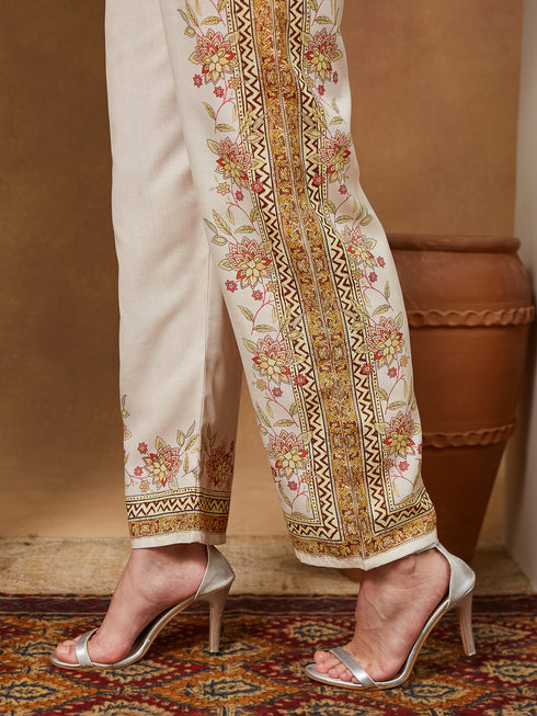 Janasya Women's Cream Cotton Blend Floral Printed Straight Kurta Set