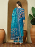 Janasya Women's Teal Blue Cotton Blend Floral Printed Straight Kurta Set