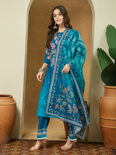 Janasya Women's Teal Blue Cotton Blend Floral Printed Straight Kurta Set