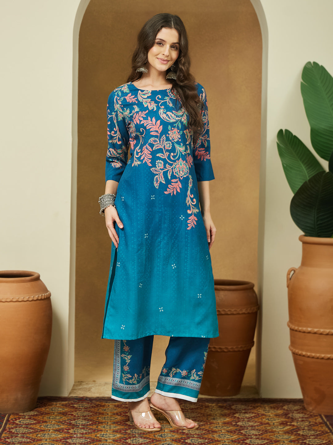 Janasya Women's Teal Blue Cotton Blend Floral Printed Straight Kurta Set