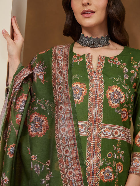 Janasya Women's Mehendi Green Cotton Blend Floral Printed Straight Kurta Set