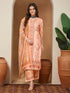 Janasya Women's Peach Cotton Blend Geometric Printed Straight Kurta Set