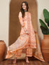Janasya Women's Peach Cotton Blend Geometric Printed Straight Kurta Set