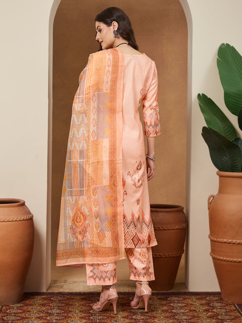 Janasya Women's Peach Cotton Blend Geometric Printed Straight Kurta Set