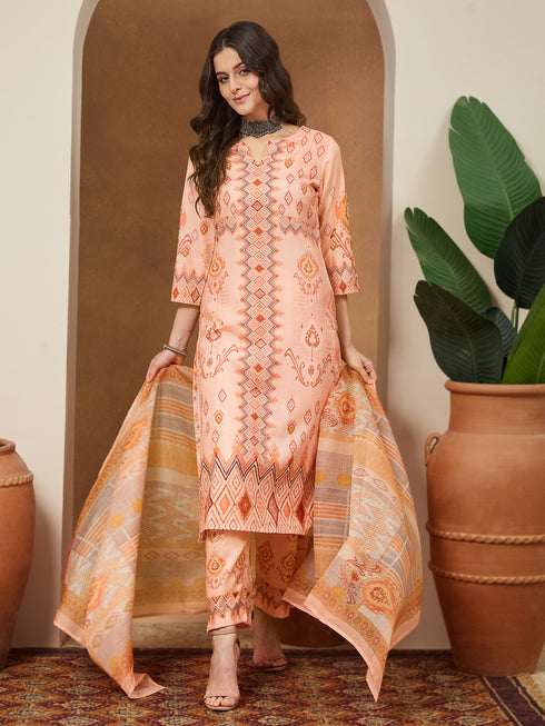 Janasya Women's Peach Cotton Blend Geometric Printed Straight Kurta Set