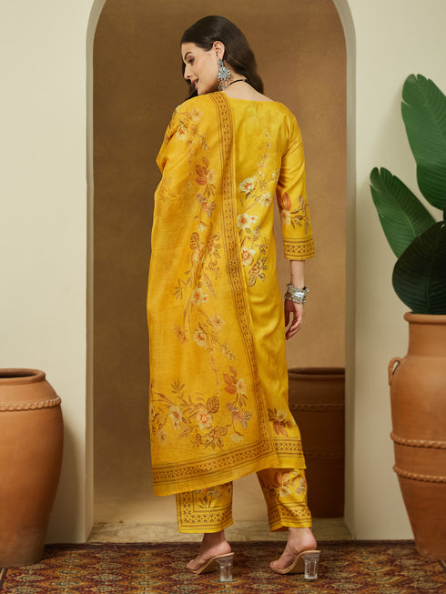 Janasya Women's Yellow Cotton Blend Floral Printed Pakistani Floral Straight Kurta Set
